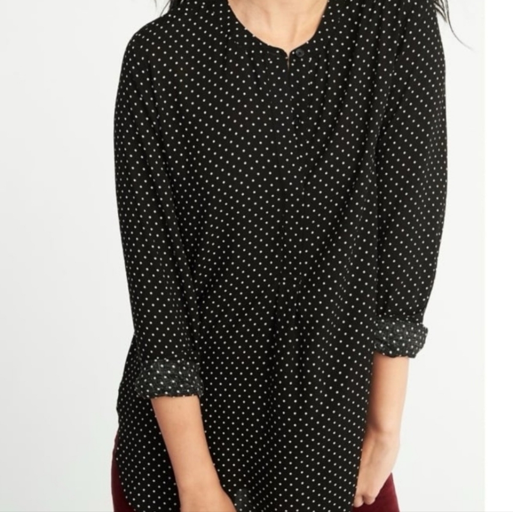 Old Navy Elegant Black Polka Dot Quarter Button Long Sleeve Slouchy Tunic Top L
